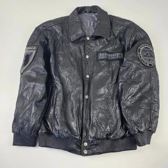 VTG DAVNUCCI Mens Black Genuine Leather Bomber Jacket PatchesXL Can fit 2XL